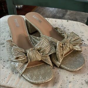 Kensie Metallic Gold Bow Mules, 2” Block Heel